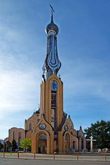 Built of brick in the 1980s, the Orthodox Church of the Holy Spirit, together with a free-standing brick belfry in the city of Białystok in Podlasie, Poland