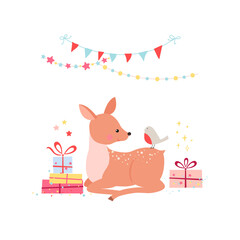 Vector illustration with cute deer, bird and gifts. Cartoon animalistic characters isolated on white background. - 459723879
