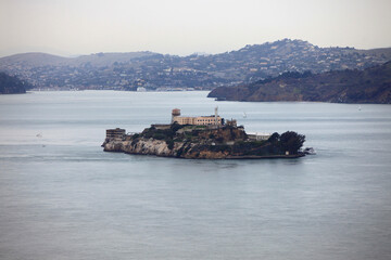 Alcatraz Island aerial view in San Francisco Bay, from top of the Coit Tower in downtown San...