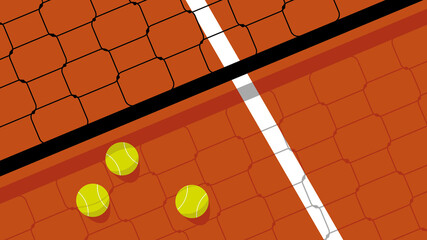 Illustration of brick red color tennis court and tennis balls around on a sunny day. With copy space.	