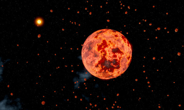 Brennender Gasplanet mit brennender Oberfl&auml;che oder Lavaplanet. Asteroiden fliegen um den Planeten. Im Hintergrund eine Sonne. Fiktive Galaxie, Planetenkonzept. 3D-Darstellung.