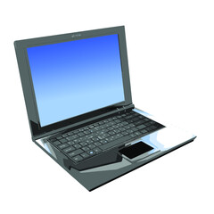 Black laptop with a blue screen on a white background. Vector illustration