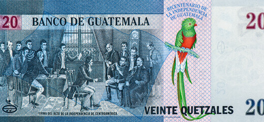 the scene of signing the Central American Independence Act. Portrait from Guatemala 20 Quetzales 2021 Banknotes. 200 Year Independence Comm.