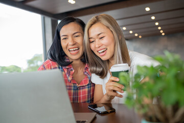 Female studying the local coffee shop. Two women discussing business projects in a cafe while having coffee. Startup, ideas and brain storm concept. Smiling friends with hot drink using laptop in cafe