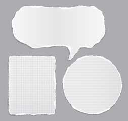 Set of torn white note, notebook paper stripes and speech bubble stuck on dark grey background for text, advertising. Vector illustration