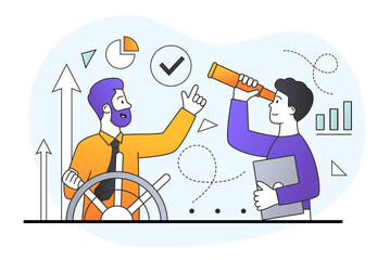 Two male characters are controlling steering wheel helm with telescope vision on white background. Concept of business company success leadership, career direction. Flat cartoon vector illustraion