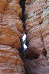 Massive red sandstone rock formation Altschloßfelsen near the German-French border, Eppenbrunn, Pfalz, Germany