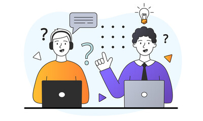 Young male characters are sitting in front of laptops and thinking about the existing problems on white background. Concept of contemplations, figuring out. Flat cartoon vector illustration