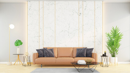 Fototapeta premium Modern living room with white marble walls and orange leather sofa, 3D rendering.