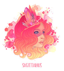 Sagittarius astrological sign as a beautiful girl. Vector illustration over watercolor background isolated on white. Future telling, horoscope. Fashion woman zodiac set.
