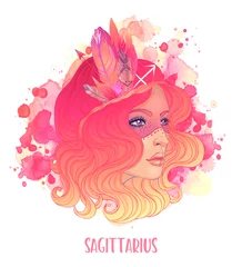 Tuinposter Sagittarius astrological sign as a beautiful girl. Vector illustration over watercolor background isolated on white. Future telling, horoscope. Fashion woman zodiac set. © vgorbash