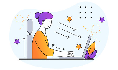Female worker sitting at desk with right posture for healthy back looking at computer on white background. Concept of instruction for correct pose during office work. Flat cartoon vector illustration