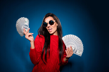 Photo of young woman rich narcissistic hold dollars banknotes money cash income profit isolated...