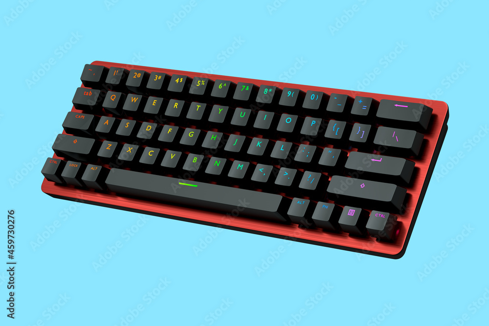 Poster red computer keyboard with rgb colors isolated on blue background.