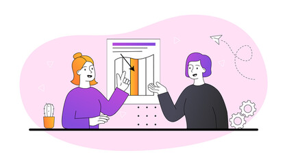 Two female characters are showing presentation slide with infographics in the office on white background. Concept of business office meeting. Flat cartoon vector illustration