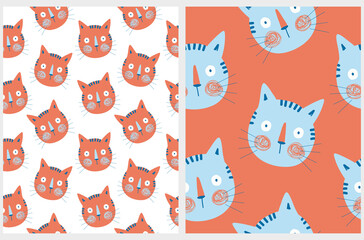 Cute Nursery Seamless Vector Patterns with Funny Red and Blue Cat Heads Isolated on a White and Red Background ideal for Fabric, Textile, Cat Lovers. Simple Repeatable Print with Hand Drawn Kitty. 
