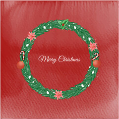  Merry Christmas and Happy New Year Card design with Christmas tree in plant wreath vector illustration. Watercolor seamless pattern with tropical palm leaves. Hand-painted exotic leaves and branches