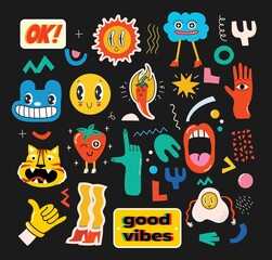 Hand drawn Vector illustrations of Set of Various patches, pins, stamps or stickers with abstract funny cute comic characters.