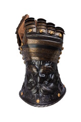 Medieval knightly brown plate gauntlet from Italian armor, in the form of a lion's face and mane,...