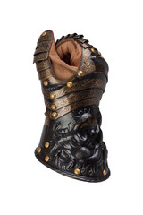 Medieval knightly brown plate gauntlet from Italian armor, in the form of a lion's face and mane,...