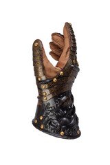 Medieval knightly brown plate gauntlet from Italian armor, in the form of a lion's face and mane,...