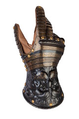 Medieval knightly brown plate gauntlet from Italian armor, in the form of a lion's face and mane,...