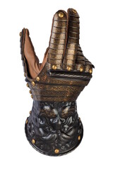 Medieval knightly brown plate gauntlet from Italian armor, in the form of a lion's face and mane,...