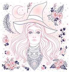 Wiccan witch. Vector Illustration in black and white. Young woman with long blond hair and magic hat. Alchemy, tattoo art, t-shirt design, adult magic coloring book. Pagan goddess.