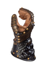 Medieval knightly brown plate gauntlet from Italian armor, in the form of a lion's face and mane,...