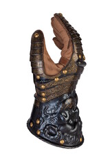 Medieval knightly brown plate gauntlet from Italian armor, in the form of a lion's face and mane,...