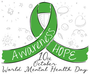 Ribbon, Shield and Doodles to Celebrate World Mental Health Day, Vector Illustration