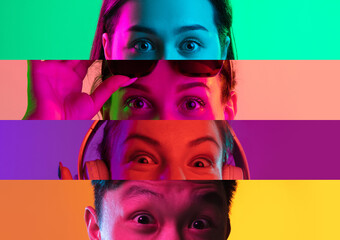 Horizontal collage of cropped multinational male and female eyes placed on narrow stripes in neon...