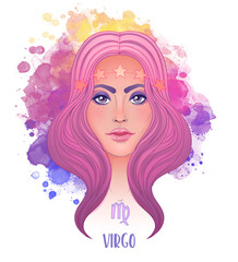 Virgo astrological sign as a beautiful girl. Vector illustration over watercolor background isolated on white. Future telling, horoscope. Fashion woman zodiac set.