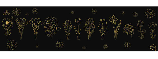 Spring flowers. A set of flowers in the style of line art. Flowers of gold.