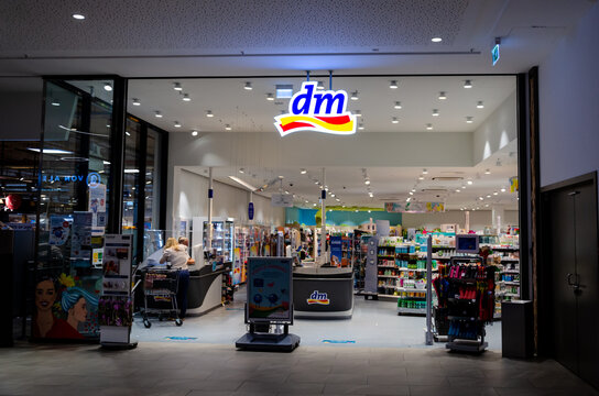 Husum, Germany - August 30, 2021: DM-drogerie markt  is a chain of retail stores headquartered in Karlsruhe, Germany, offering cosmetics, healthcare items, household products, health food, drinks