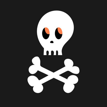 Cartoon skull and bones on a black background. Simple white vector halloween icon