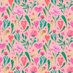 Romantic pattern with flowers, hearts and feathers. Watercolor seamless pink pattern.
