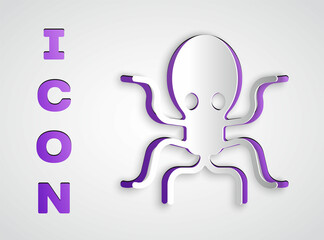 Paper cut Octopus icon isolated on grey background. Paper art style. Vector