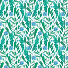 Green leaves and branches with blue flowers and stars. Watercolor botanical pattern.