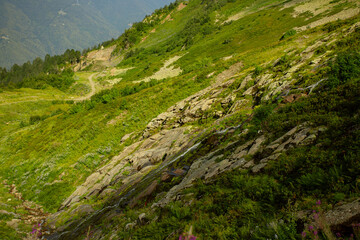 Fototapeta na wymiar mountain climbing,waterfall and green meadows in the alps, a landscape from the top