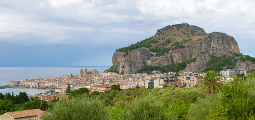 Fototapeta na wymiar Panoramic view of the old town of Cefalu next to the Rock in Sicily