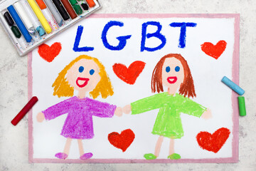 Colorful drawing:  Happy homosexual relationship. Two lesbian women holding heands. Couple in love