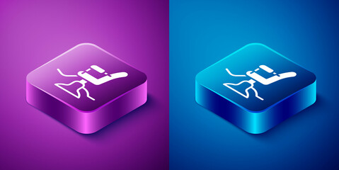 Isometric Barbershop chair icon isolated on blue and purple background. Barber armchair sign. Square button. Vector