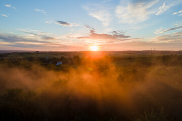 Aerial view of light fog covering dark forest trees at warm sunset.
