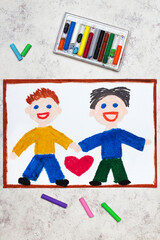 Colorful drawing: two happy men holding hands