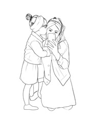 Young mom and little daughter take a selfie. Woman and girl in dresses and jeans. Two people are photographed with a smartphone. Family relationships. Stylish family. Illustration