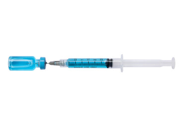 Fototapeta premium Close-up vials with vaccine and syringe for virus protection isolated on white background. Horizontal composition.