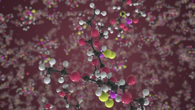 Molecule of malathion, conceptual molecular model. Scientific looping 3d animation