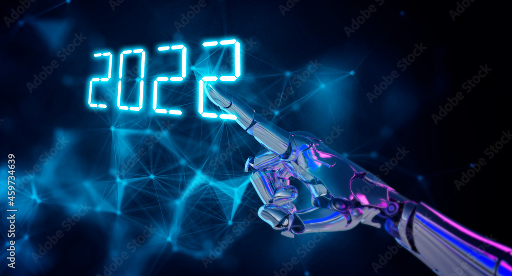 Poster 2022 new year background ai artificial intelligence digital technology concept, 3d robot pointing fi