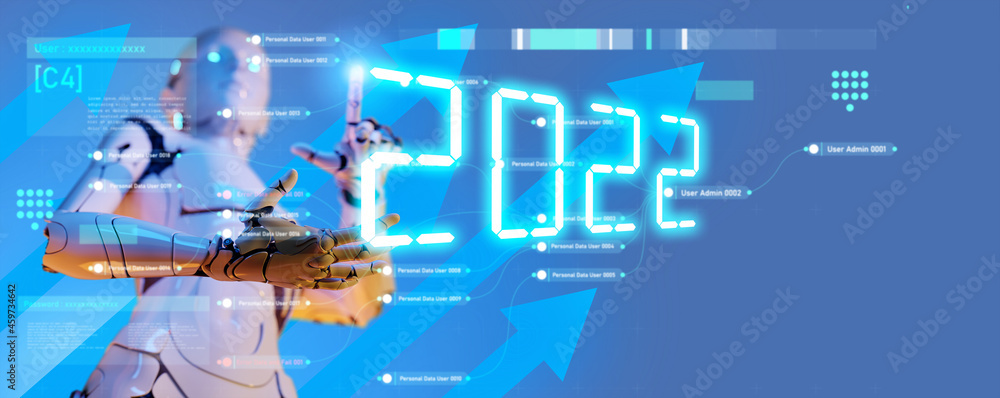 Poster 2022 new year background ai artificial intelligence digital technology concept, 3d robot pointing fi